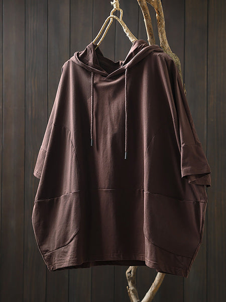 Shirt Women Summer Casual 100%Cotton Pure Color Hooded FashionChic