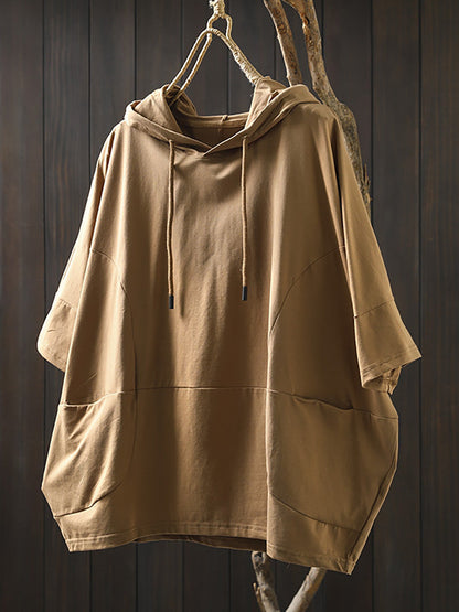 Shirt Women Summer Casual 100%Cotton Pure Color Hooded FashionChic