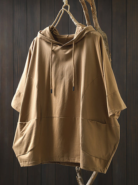 Shirt Women Summer Casual 100%Cotton Pure Color Hooded FashionChic