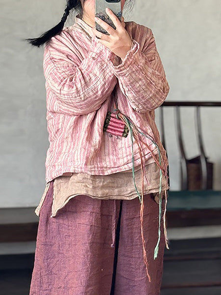 Retro Summer Women Shirt V-Neck Stripe Linen FashionChic