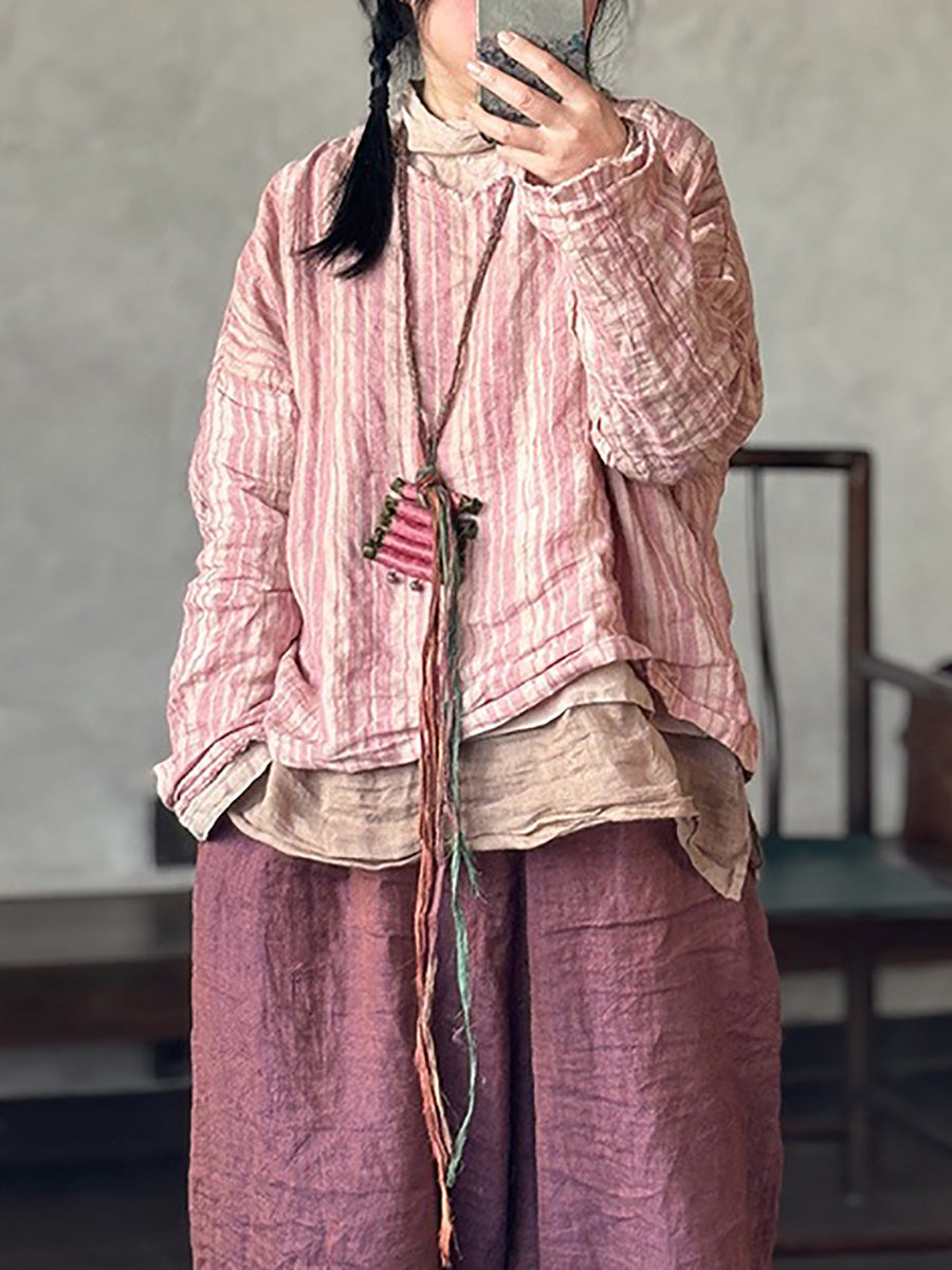 Retro Summer Women Shirt V-Neck Stripe Linen FashionChic