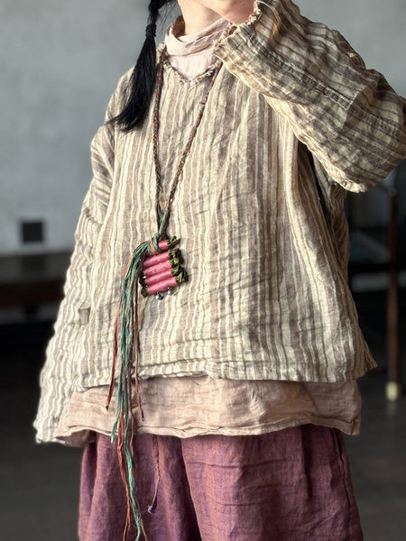 Retro Summer Women Shirt V-Neck Stripe Linen FashionChic