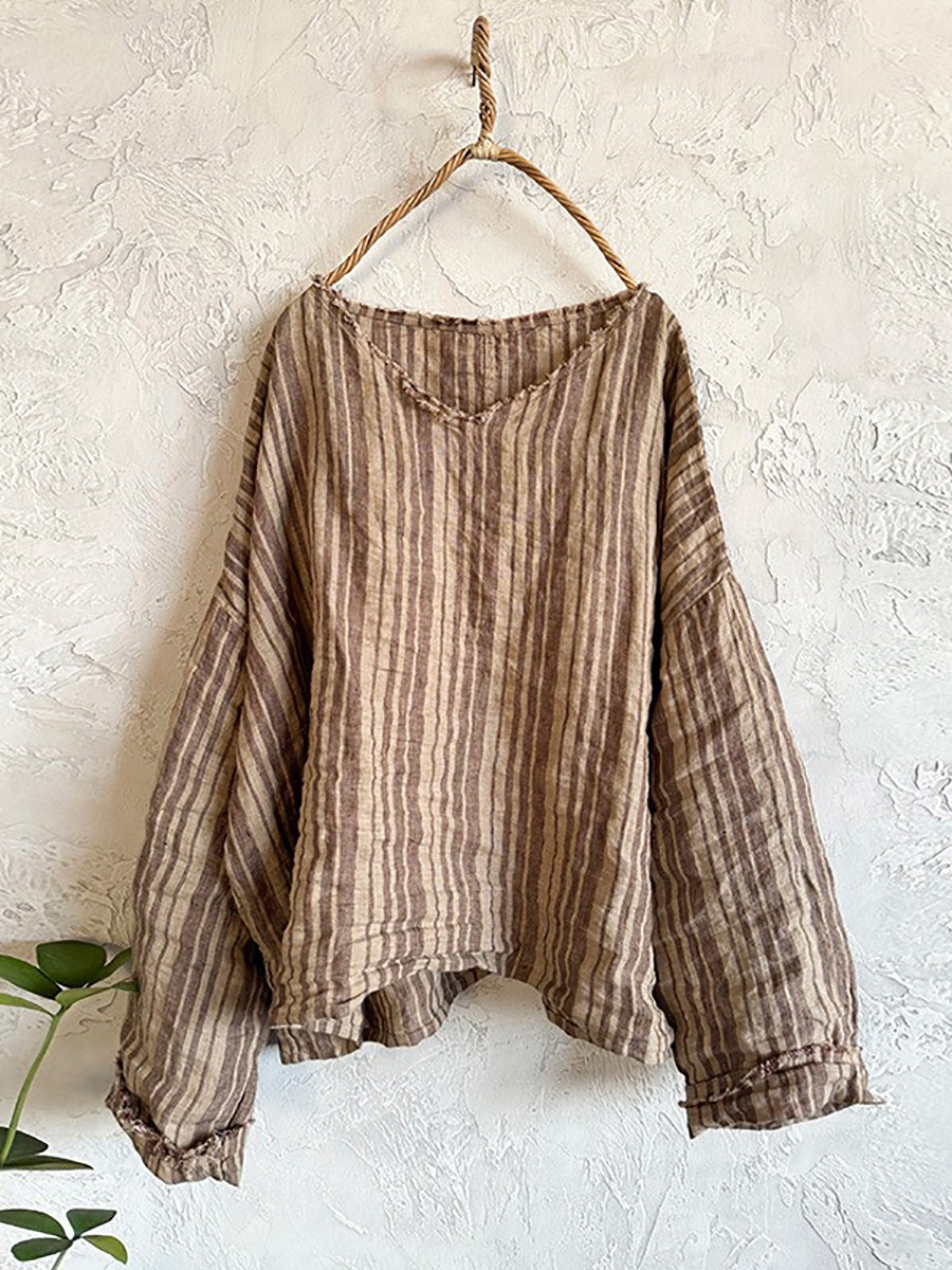 Retro Summer Women Shirt V-Neck Stripe Linen FashionChic