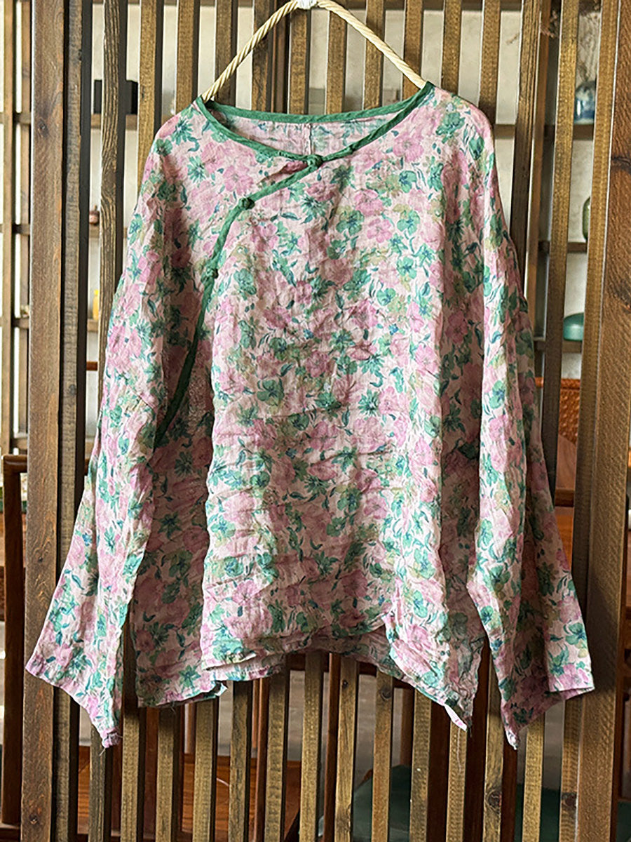 Shirt Women Floral O-Neck Ramie Summer Artsy FashionChic