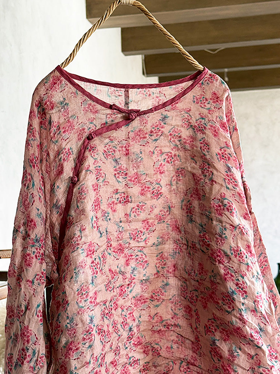 Shirt Women Floral O-Neck Ramie Summer Artsy FashionChic