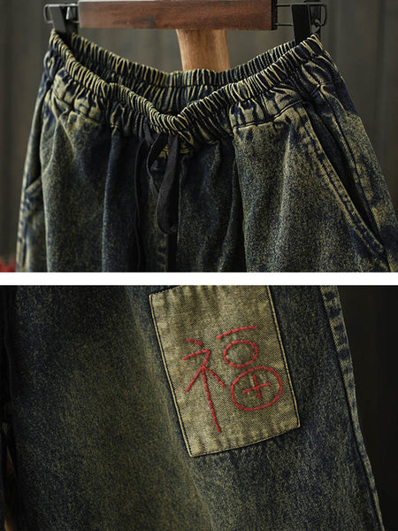 Wide-leg Patch Retro Denim Capri Pants Summer Women FashionChic