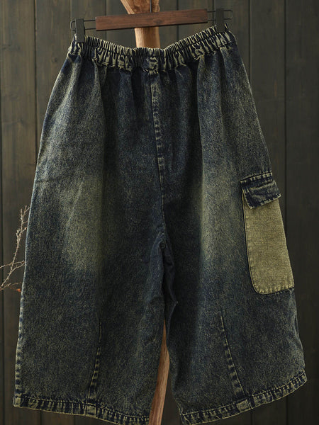 Wide-leg Patch Retro Denim Capri Pants Summer Women FashionChic