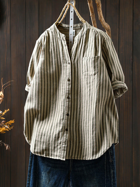 V-Neck Casual 100%Cotton Women Stripe Shirt Summer FashionChic