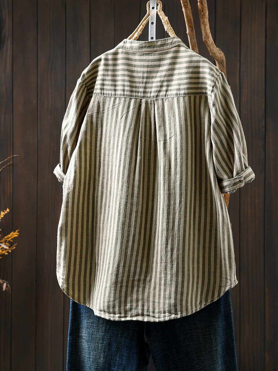 V-Neck Casual 100%Cotton Women Stripe Shirt Summer FashionChic