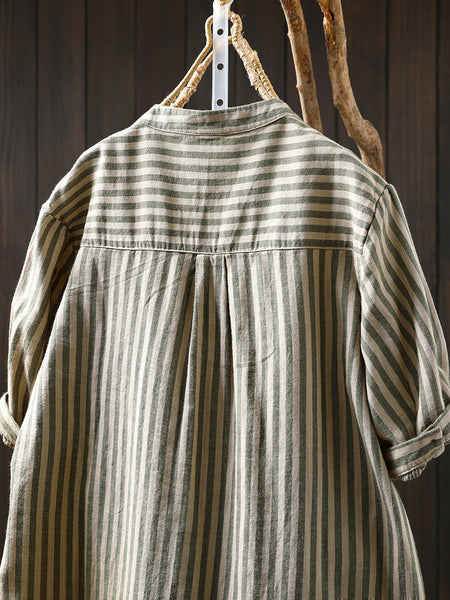 V-Neck Casual 100%Cotton Women Stripe Shirt Summer FashionChic