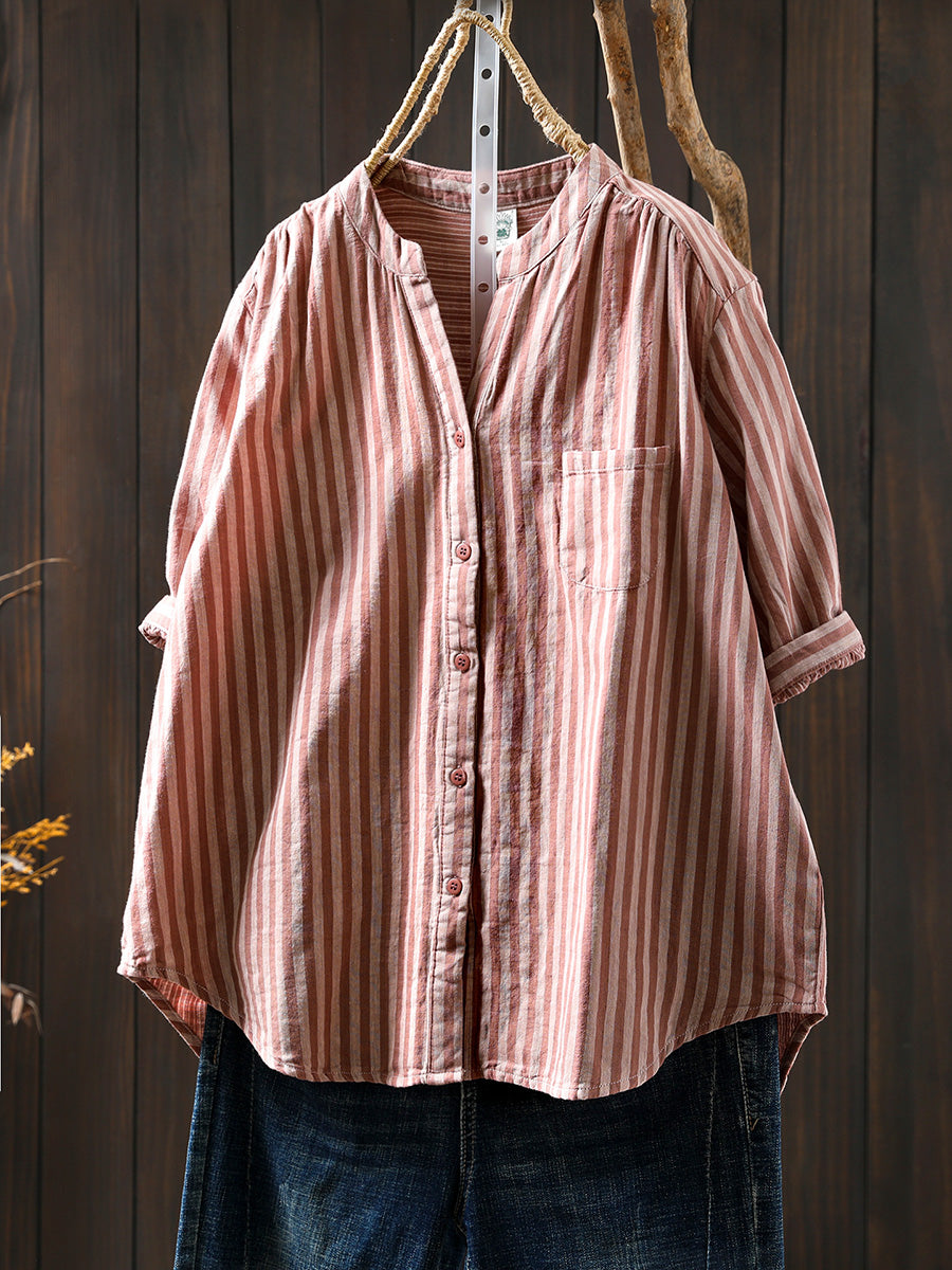 V-Neck Casual 100%Cotton Women Stripe Shirt Summer FashionChic