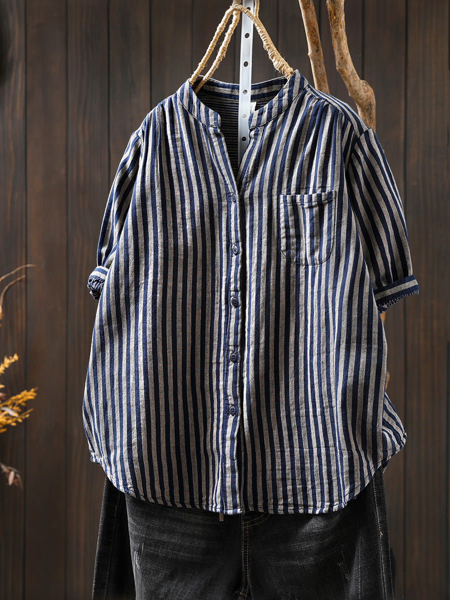 V-Neck Casual 100%Cotton Women Stripe Shirt Summer FashionChic