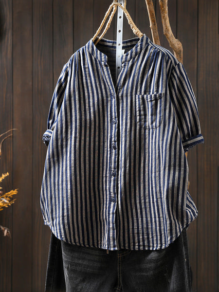 V-Neck Casual 100%Cotton Women Stripe Shirt Summer FashionChic