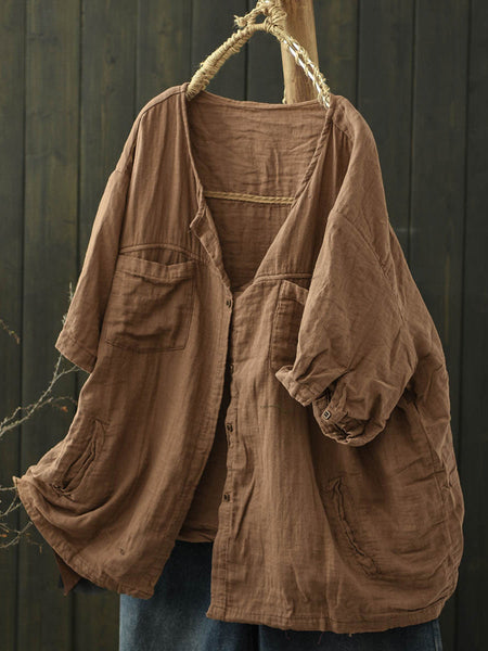 Pure Women Worn Color V-Neck Summer Cotton Shirt FashionChic