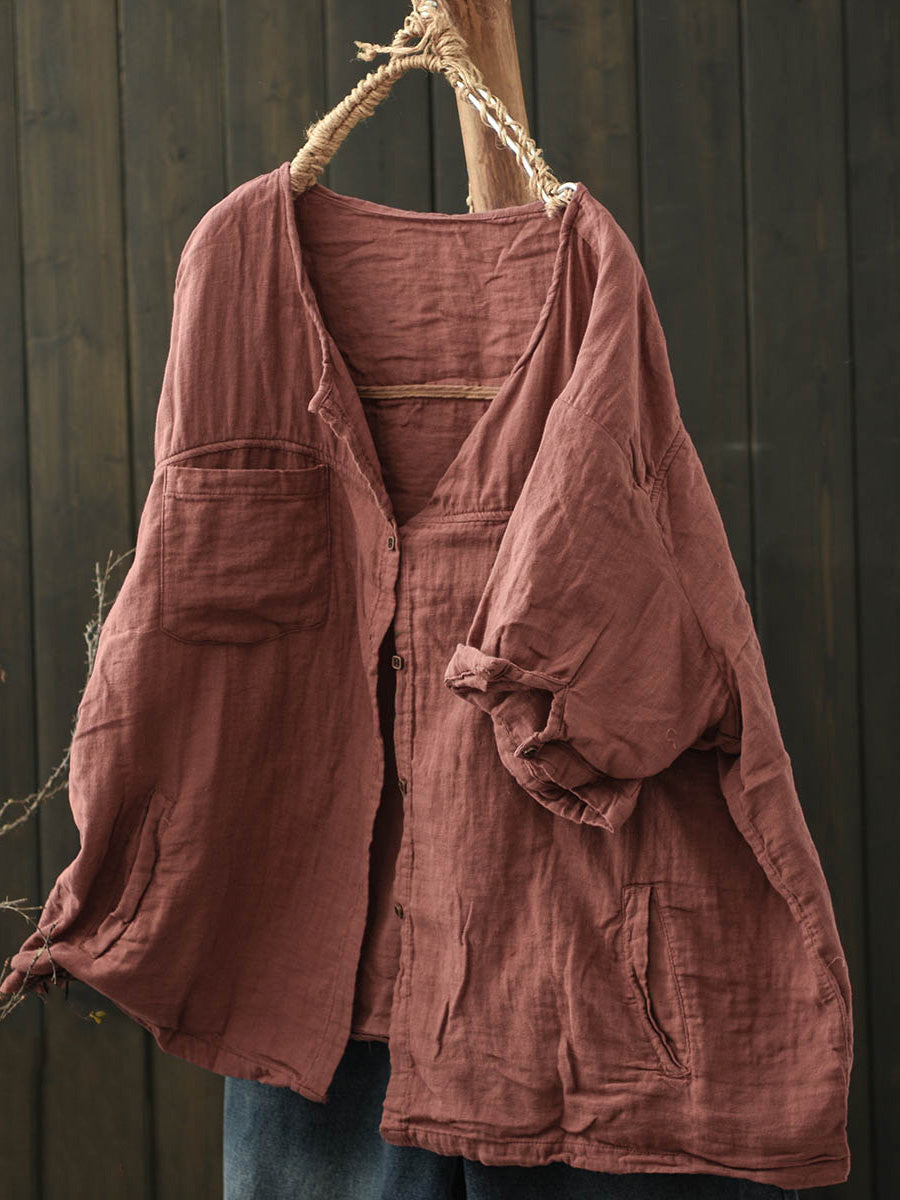 Pure Women Worn Color V-Neck Summer Cotton Shirt FashionChic