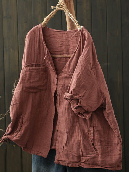 Pure Women Worn Color V-Neck Summer Cotton Shirt FashionChic