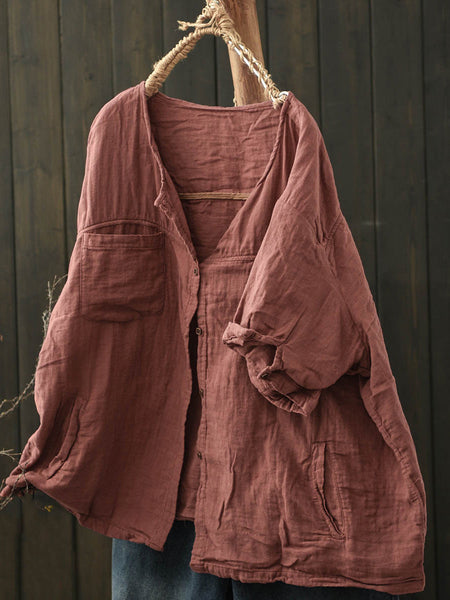 Pure Women Worn Color V-Neck Summer Cotton Shirt FashionChic