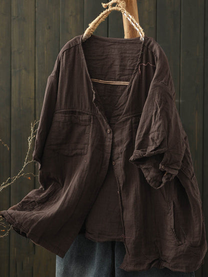 Pure Women Worn Color V-Neck Summer Cotton Shirt FashionChic