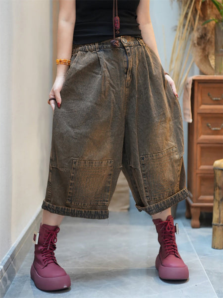Women Denim Pants Wide-leg Worn Cropped FashionChic
