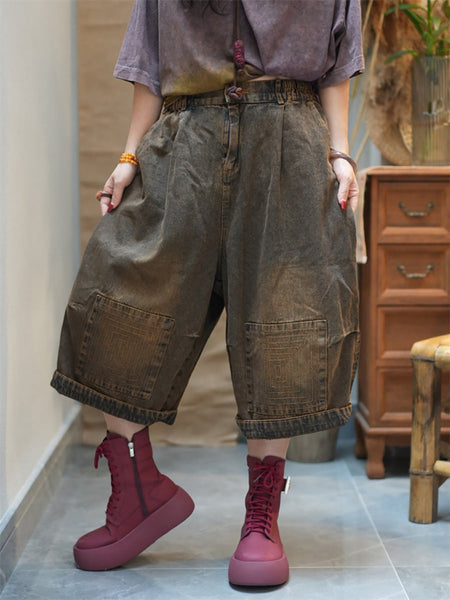 Women Denim Pants Wide-leg Worn Cropped FashionChic