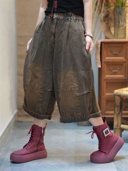 Women Denim Pants Wide-leg Worn Cropped FashionChic