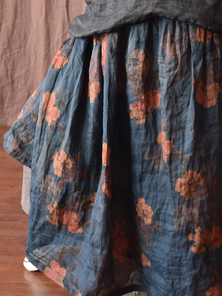Skirt Ramie Flower Women Summer Loose Vintage FashionChic