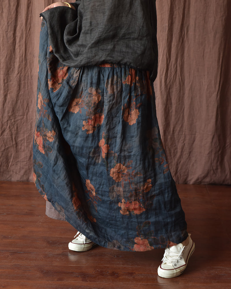 Skirt Ramie Flower Women Summer Loose Vintage FashionChic