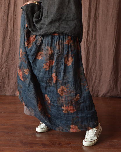 Skirt Ramie Flower Women Summer Loose Vintage FashionChic