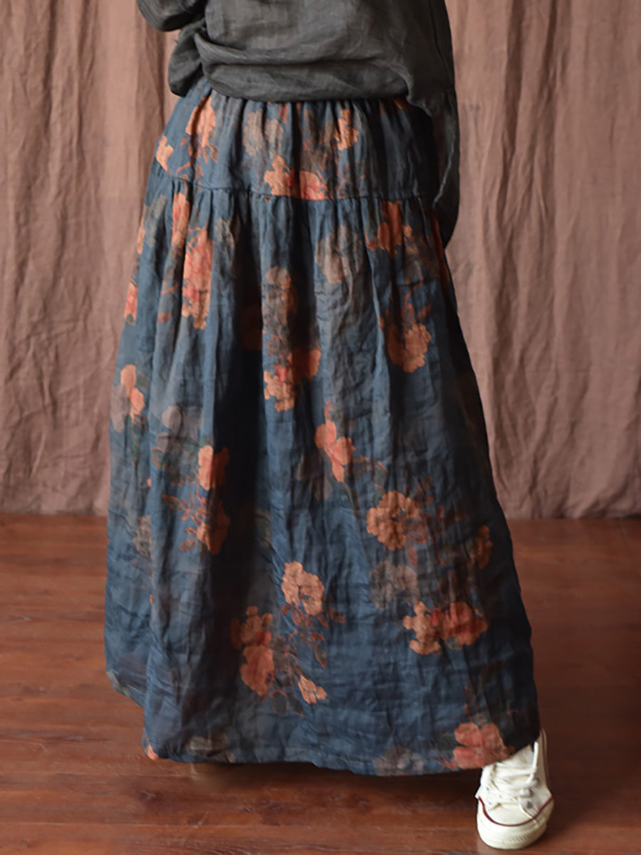 Skirt Ramie Flower Women Summer Loose Vintage FashionChic