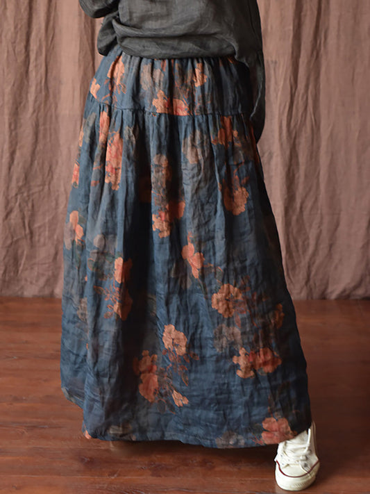 Skirt Ramie Flower Women Summer Loose Vintage FashionChic