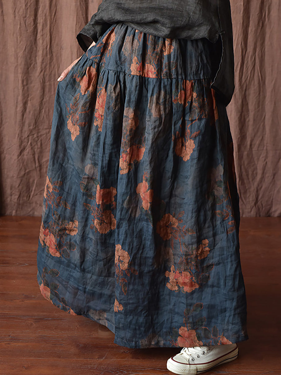 Skirt Ramie Flower Women Summer Loose Vintage FashionChic