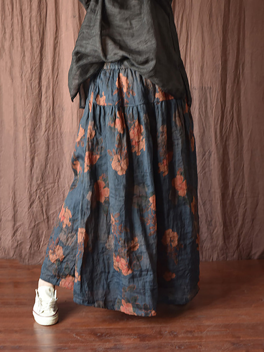 Skirt Ramie Flower Women Summer Loose Vintage FashionChic