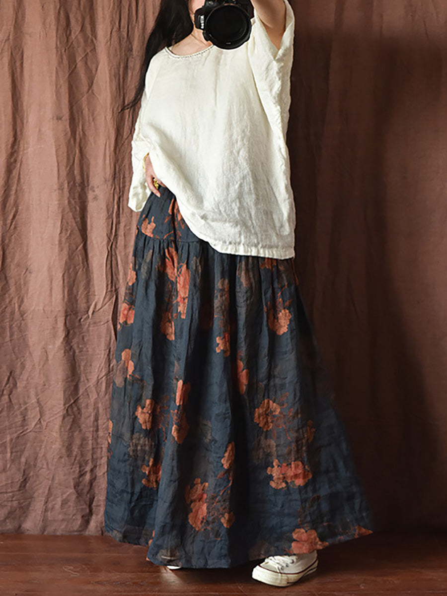 Skirt Ramie Flower Women Summer Loose Vintage FashionChic