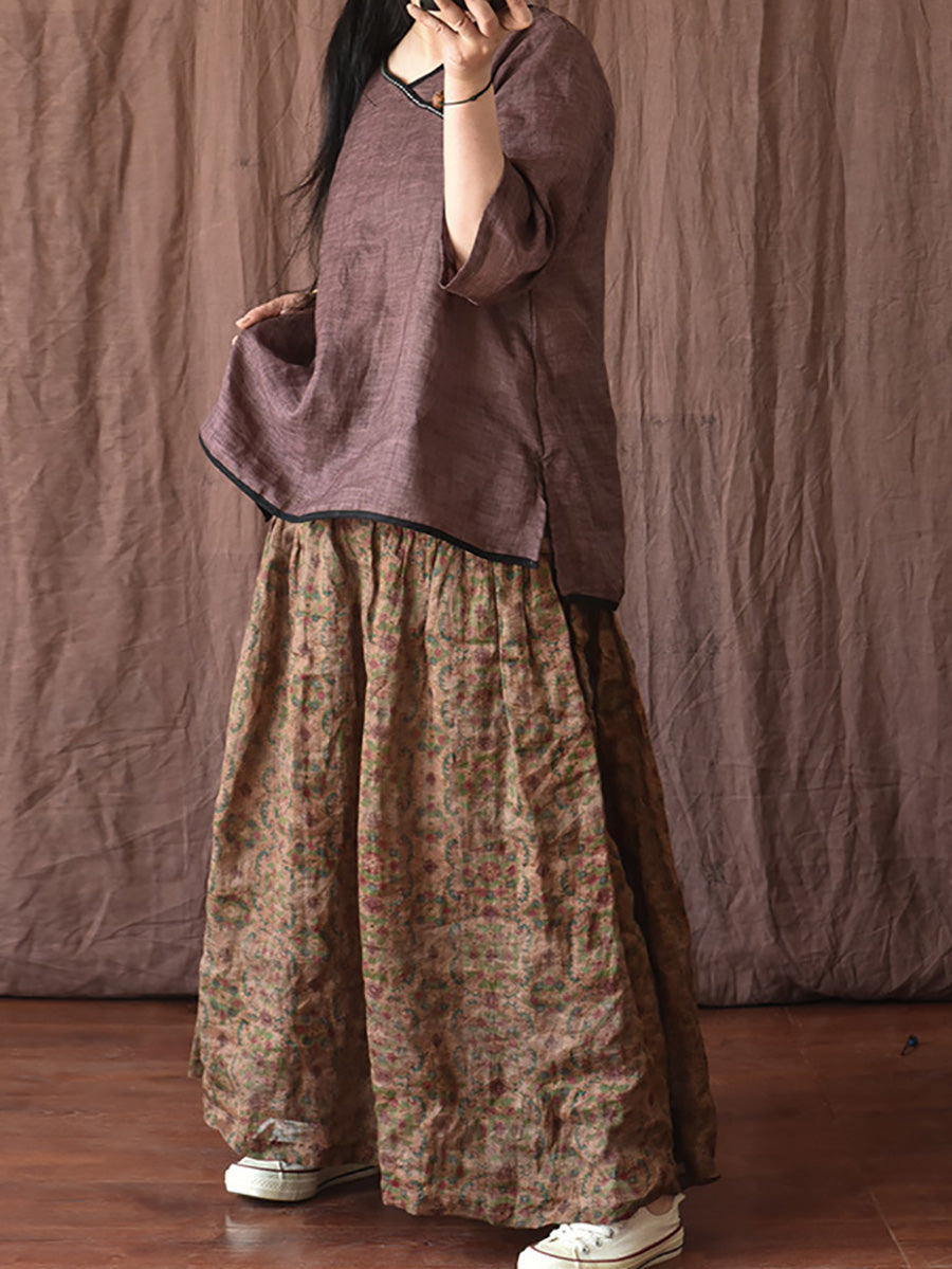Skirt Ramie Flower Women Summer Loose Vintage FashionChic