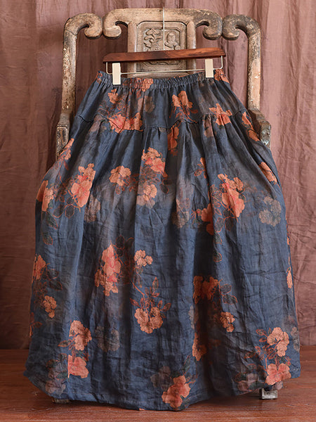 Skirt Ramie Flower Women Summer Loose Vintage FashionChic