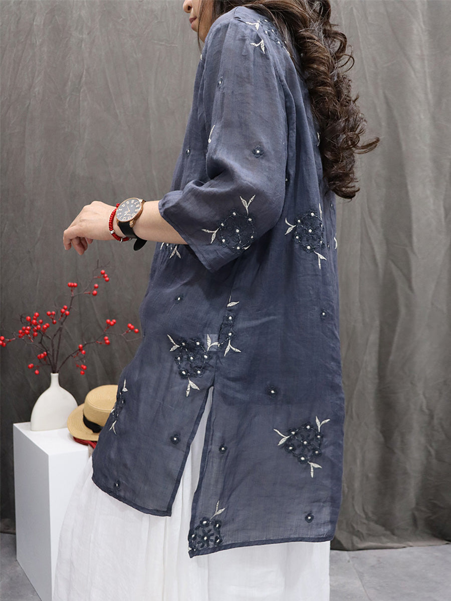 Shirt Embroidery Flower 100%Ramie Summer Women O-Neck FashionChic