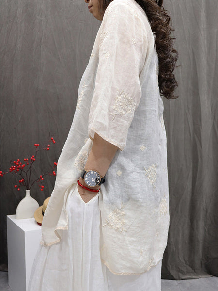 Shirt Embroidery Flower 100%Ramie Summer Women O-Neck FashionChic