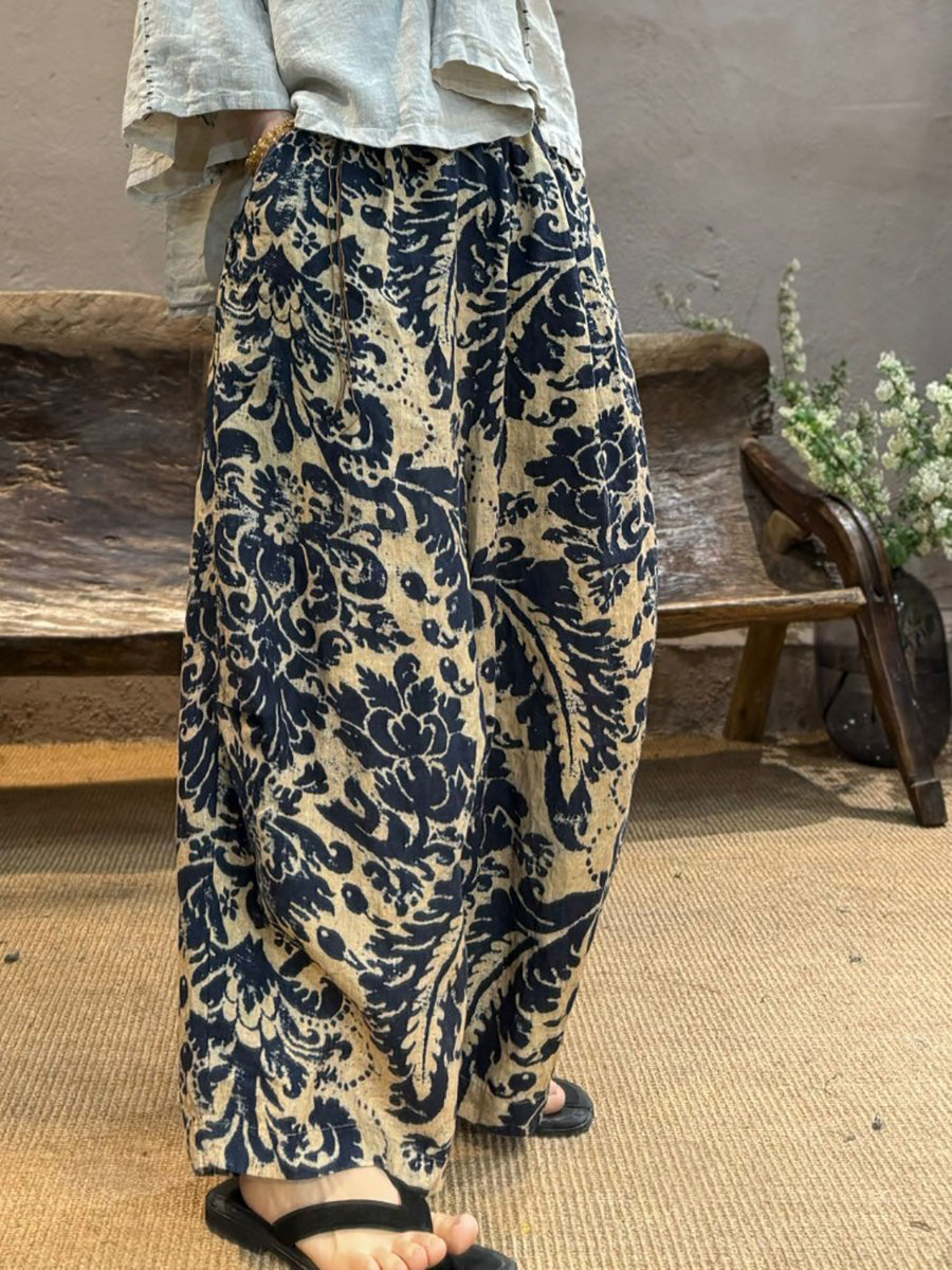 Retro Women Linen Flower Pants Summer Wide-leg FashionChic