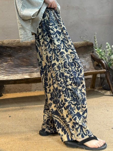 Retro Women Linen Flower Pants Summer Wide-leg FashionChic