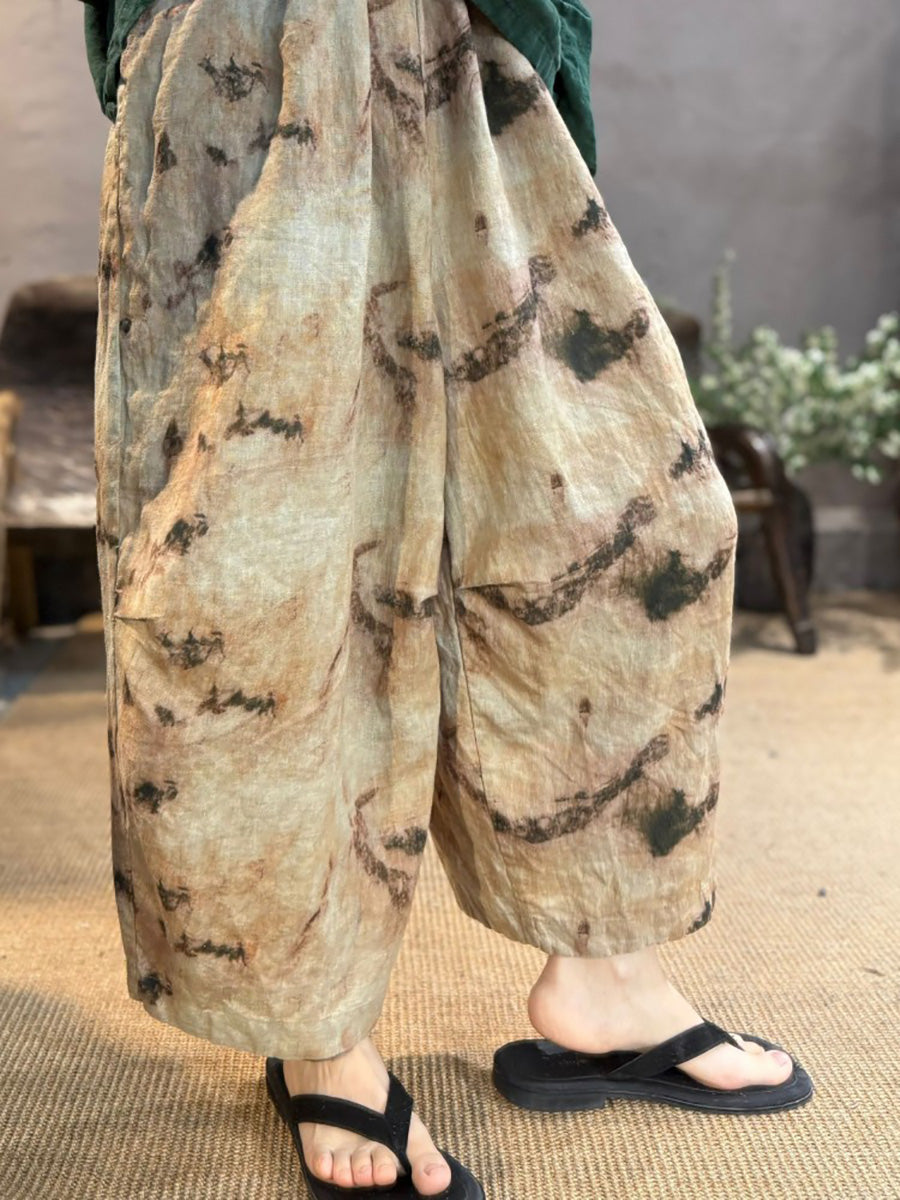 Retro Women Linen Flower Pants Summer Wide-leg FashionChic