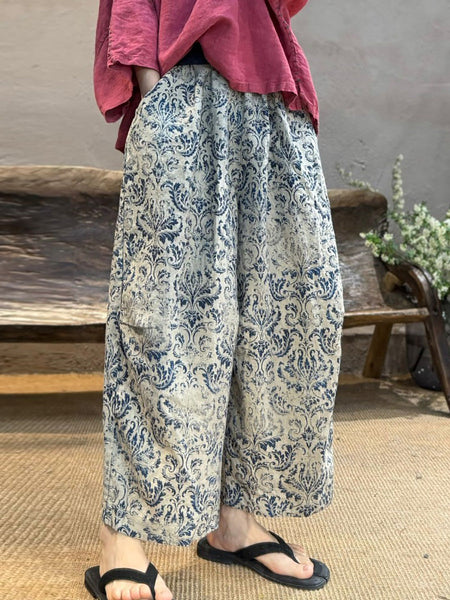 Retro Women Linen Flower Pants Summer Wide-leg FashionChic