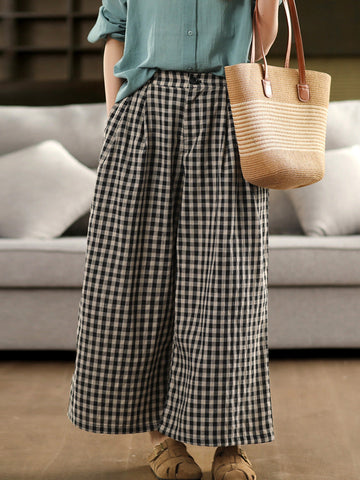 Pants Summer Women Cotton Wide-leg Vintage Plaid FashionChic