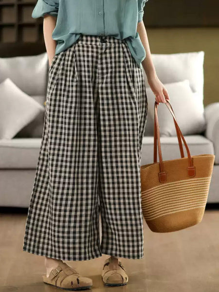 Pants Summer Women Cotton Wide-leg Vintage Plaid FashionChic