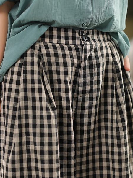 Pants Summer Women Cotton Wide-leg Vintage Plaid FashionChic