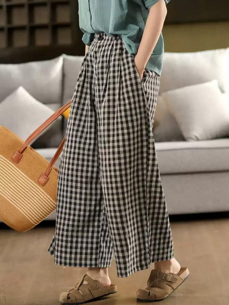 Pants Summer Women Cotton Wide-leg Vintage Plaid FashionChic
