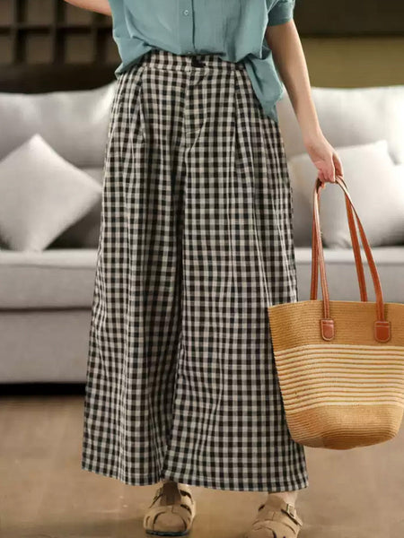 Pants Summer Women Cotton Wide-leg Vintage Plaid FashionChic