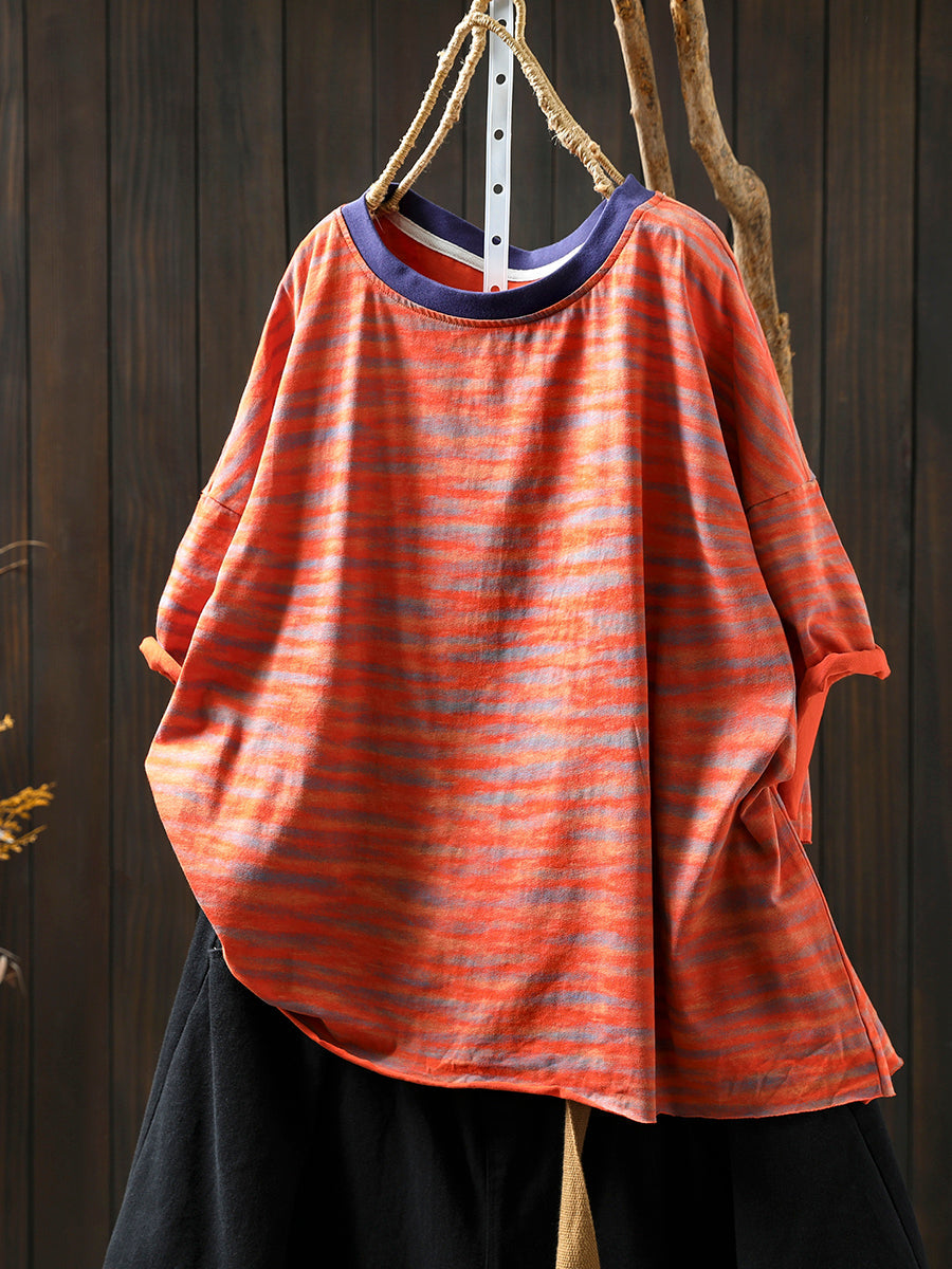 Women Stripe Colorblock Summer Shirt O-Neck Casual FashionChic