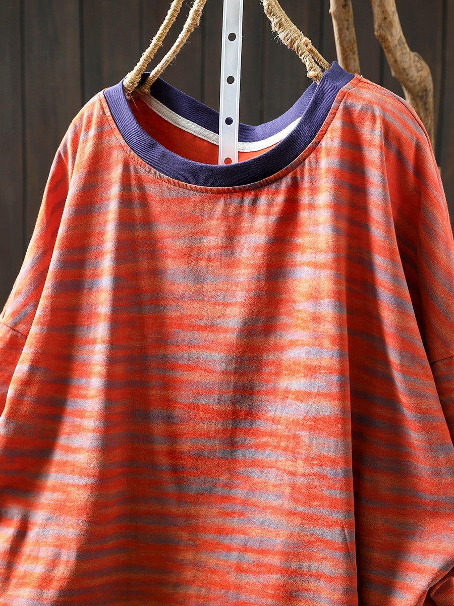 Women Stripe Colorblock Summer Shirt O-Neck Casual FashionChic