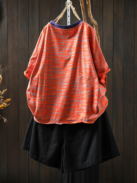 Women Stripe Colorblock Summer Shirt O-Neck Casual FashionChic