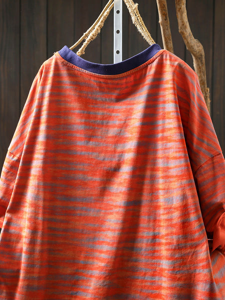 Women Stripe Colorblock Summer Shirt O-Neck Casual FashionChic